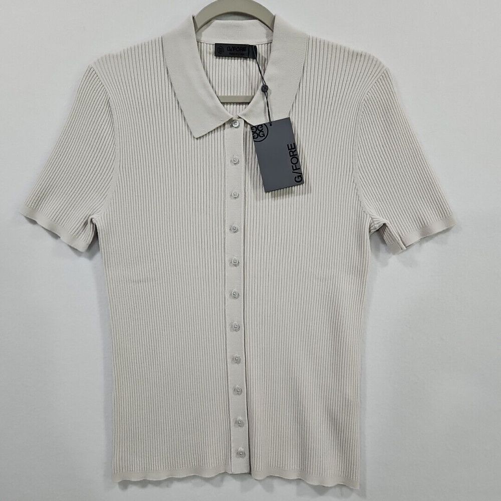 G/Fore Merino Wool Short Sleeve Sweater Womens L Stone Golf Button Down Ribbed